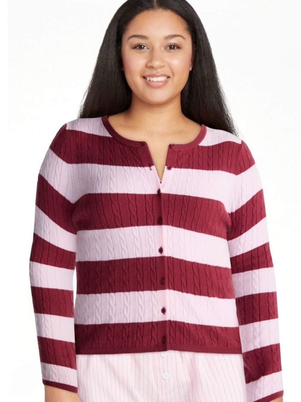 NWT No Boundaries Striped Cable-Knit Cardigan Sweater in Burgundy and Light Pink
